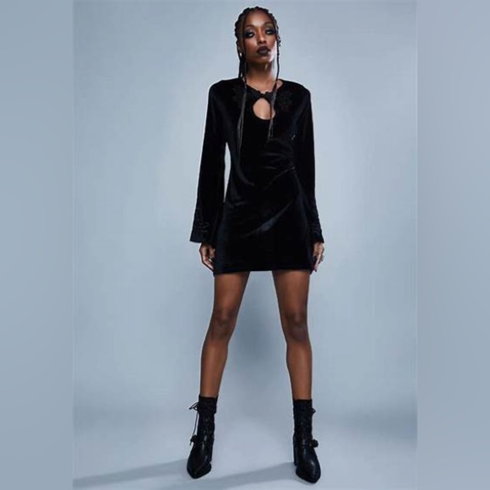 Dolls Kill Widow Black Evil Empire Embroidered Mini Dress Large Black Velvet